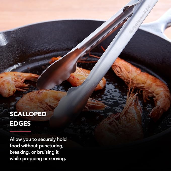 KitchenAid Set of 2 Stainless Steel Tongs with Scalloped Edges Easy Lock Dishwasher Safe Durable and Versatile Silver 7 Inch