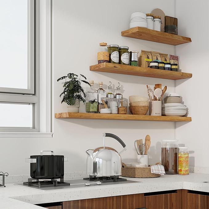 Axeman 36 inch Floating Shelves for Wall - 8'' D Live Edge Rustic Solid Elm Wood Floating Shelves Wall Mounted, Wall Shelves with Invisible Bracket for Living Room Bedroom Kitchen, Set of 2 Natural