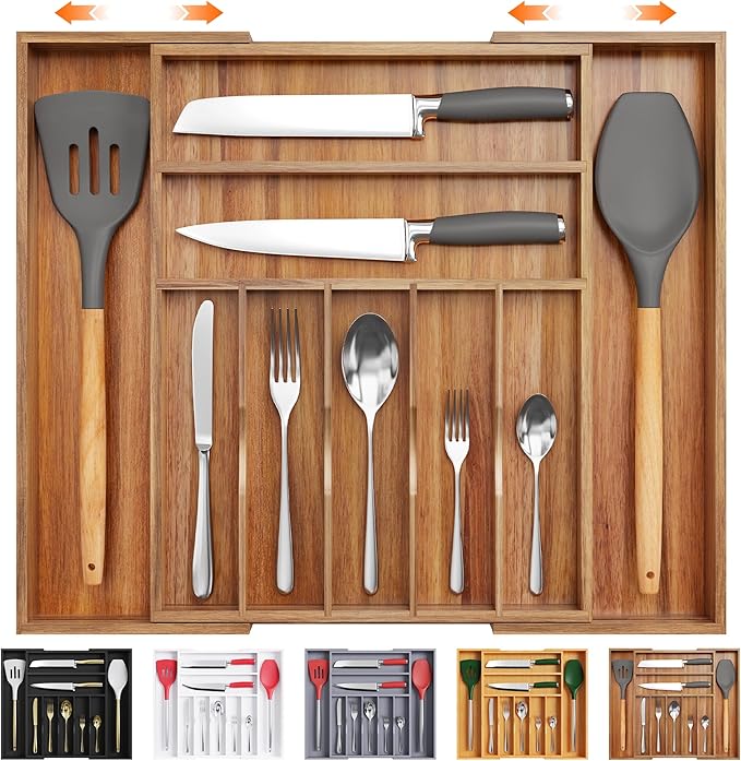 Bellsal Large Premium Acacia Wood Silverware Organizer - Expandable Utensil Drawer Organizer - 17"x19.6" Utensil Holder and Cutlery Tray with Grooved for Kitchen Flatware Utensils(7-9 Slot, Acacia)