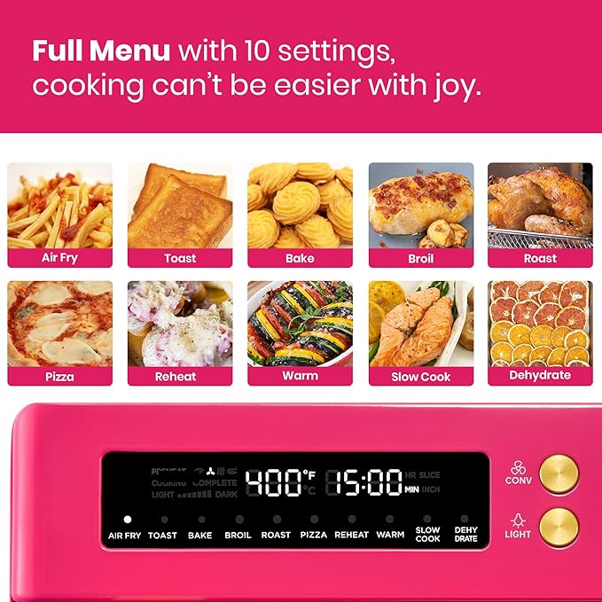 Limited Edition Happy Pink Infrared Heating Air Fryer Toaster Oven, Extra Large Countertop Convection Oven 10-in-1 Combo, 6-Slice Toast, Enamel Baking Pan Easy Clean with Recipe Book