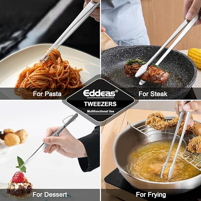 Tongs For Cooking - Heat Resistant 600 Degrees, All Metal Kitchen Tweezers Tongs, Heavy Duty Stainless Steel Cooking for Food, Grill, BBQ, Dishwasher safe Set of 4 (12" & 9in)