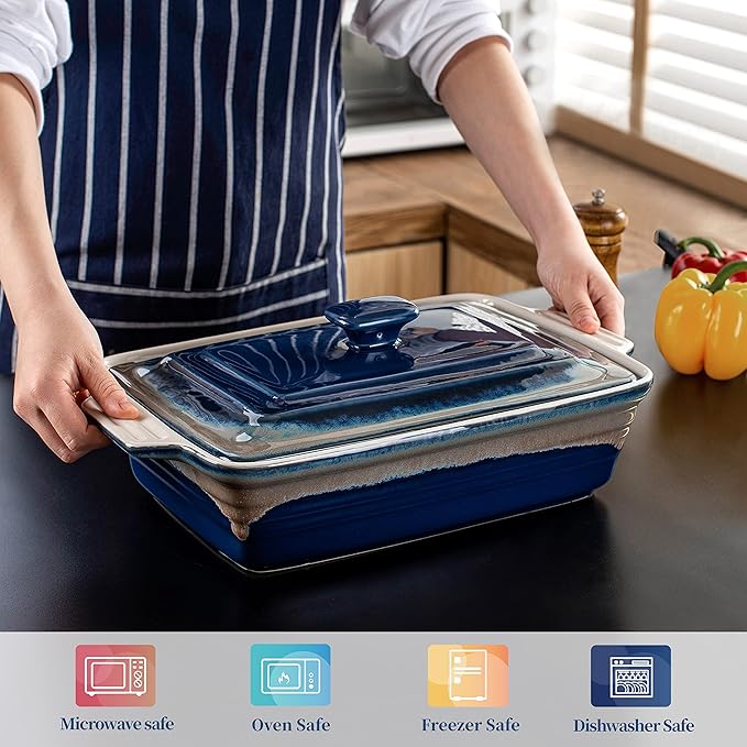 LOVECASA 4.5 Quart Ceramic Casserole Dish with Lid, 9x13 Baking Dish for Oven, Lasagna Pan Deep with Handles, Stoneware Bakeware, Oven & Dishwasher Safe, Blue Gray Gradient