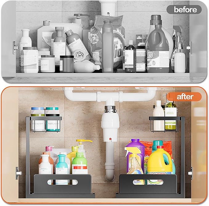 VUSIGN Under Sink Organizer, 2 Tier Pull Out Bathroom Cabinet Organizer, Under Kitchen Sink Organizers and Storage, Under Sink Shelf,2 Pack, Black