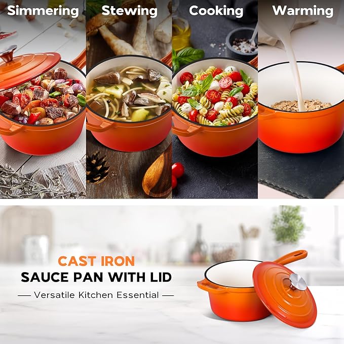 Enameled Cast Iron Sauce Pan Pot, Onader 1QT Saucepan with Lid, Small Enamel Dutch Oven Kitchen Cooking Pot – Sunset Orange