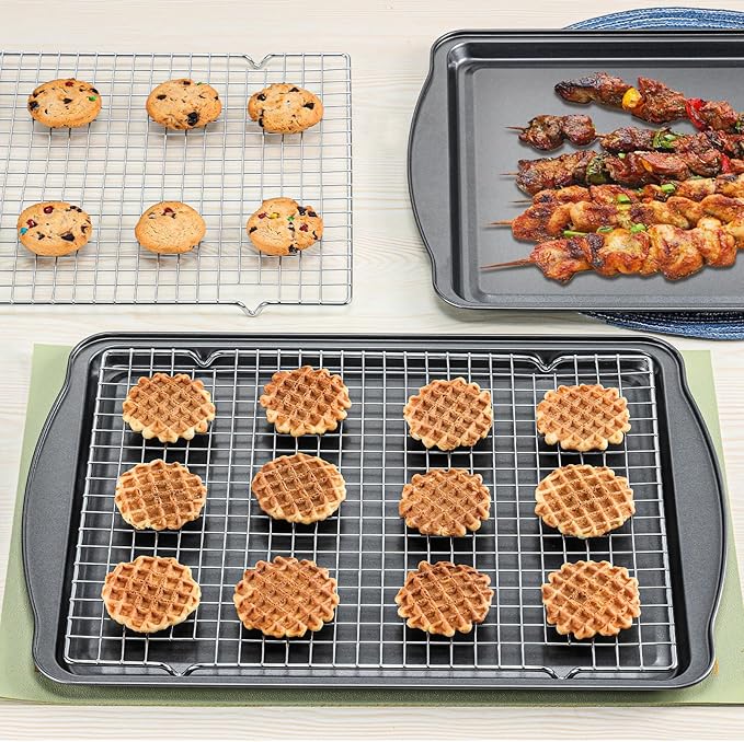 Baking Sheet with Cooling Racks - Carbon Steel Cookie Sheets for Baking [2 Sheets + 2 Racks], Nonstick Baking Pans, Perfect for Baking, Roasting, and More, Size 17 x 11 x 0.5 Inches