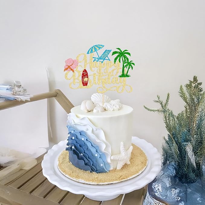 Gyufise 1Pcs Summer Beach Happy Birthday Cake Topper Glitter Ball Tree Umbrella Pool Cake Pick for Hawaiian Holiday Baby Shower Birthday Party Cake Decorations Supplies Gold