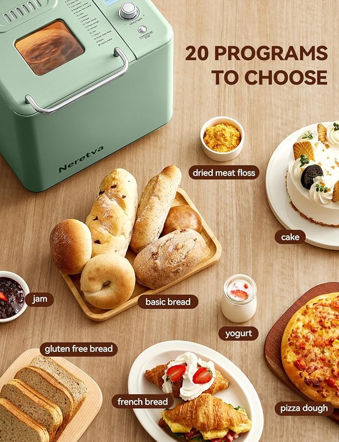 Neretva 20-IN-1 Bread Maker, Dual Heater 2LB Bread Machine Stainless Steel Bread Maker Machine Nonstick Ceramic Pan Compact for Gluten Free/Sourdough/Whole Wheat Bread/Yogurt, Breadmaker-Light Green