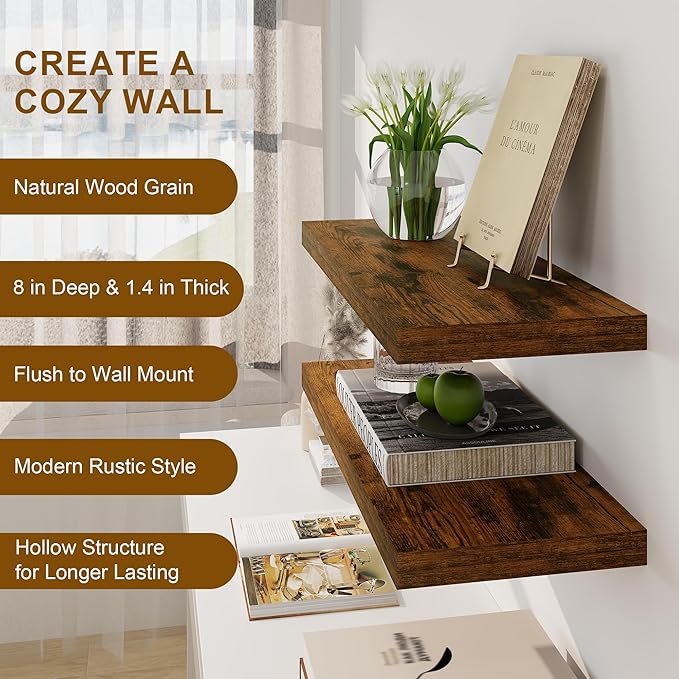 Floating Shelves 36 Inch Long, Deep Floating Shelf for Wall, 36 x 8 Floating Shelves Set of 2, 8 Inch Deep Wall Shelves for Living Room, Kitchen, Bedroom, Large Storage Shelves, Rustic Brown