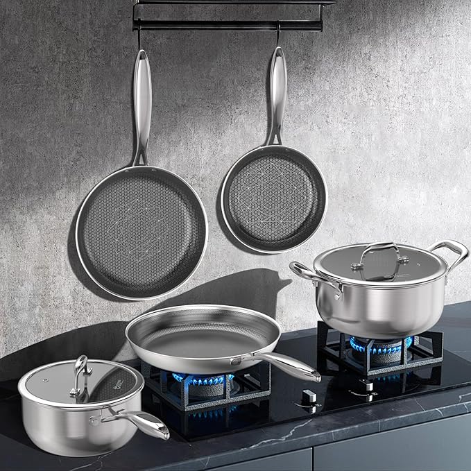 COOKER KING Stainless Steel Cookware Set, Pots and Pans Set Non Stick, Hybrid Ceramic Cookware, Frying Pans, Saucepans & Stock Pot with Glass Lid, Non-Toxic, Oven Safe, Induction Compatible