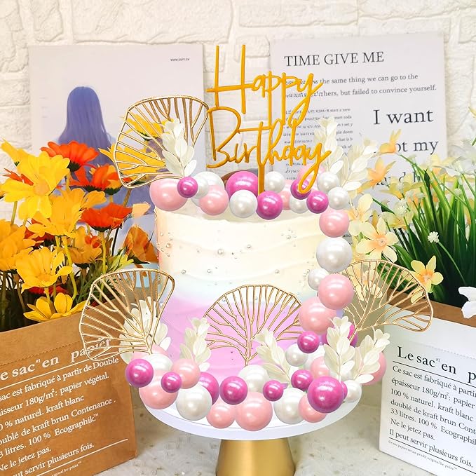 Gyufise 57Pcs Balls Cake Topper Boho Grass Cake topper Pearl Balls Acrylic Happy Birthday Cake Decorations for Wedding Baby Shower Birthday Boho Themed Party Supplies Rose Red