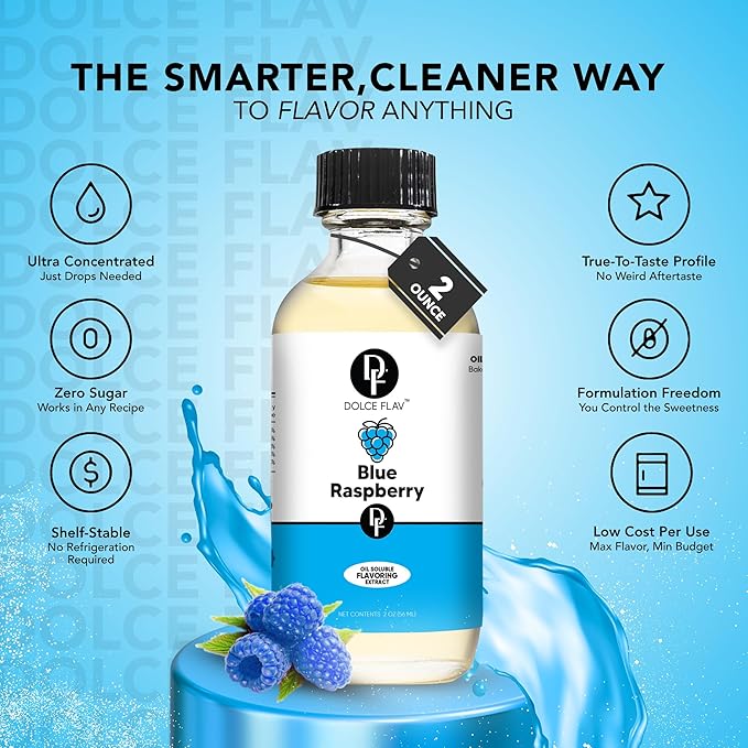 Dolce Flav Blue Raspberry Extract – 2 Ounce Oil-Soluble Kosher, Sugar-Free, Concentrated Blue Raspberry Flavoring for Baking, Chocolates & Desserts, Includes Measured Dropper