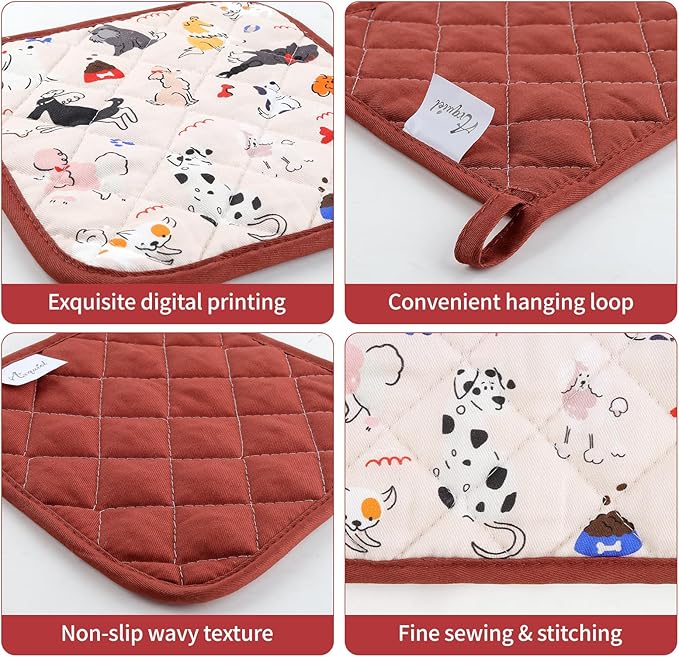 Dogs Oven Mitts and Pot Holders Sets 4Pcs, 100% Cotton Heat Resistant, Extra Long Oven Gloves Potholder for Kitchen Cooking Baking Decoration