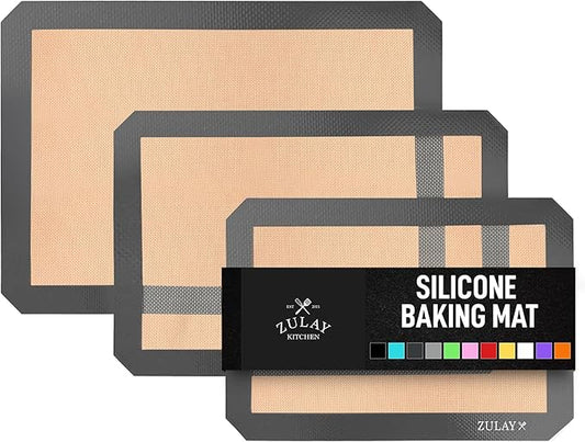 Zulay Kitchen 16.5"x11.6" 3-Pack Silicone Baking Mat Sheet - Reusable Silicone Baking Sheet - Easy & Convenient Nonstick Baking Supplies - Silicone Mats for Baking - Baking Mat For Oven - (Dark Gray)