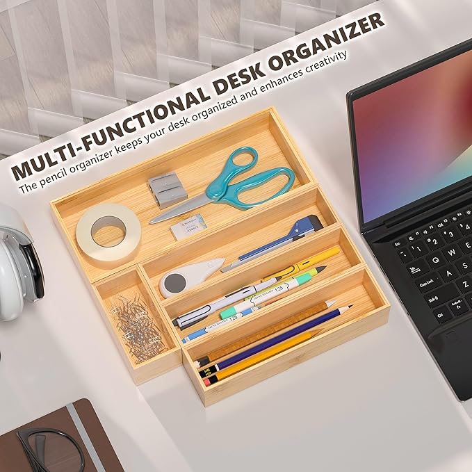 Kitchen Drawer Organizer Bins, Stackable Bamboo Deep Drawer Organizer for Silverware, Utensils, Cutlery, Flatware, Junk Drawer, Dresser, Bathroom, 9" x 3" x 2.5" (Set of 2)