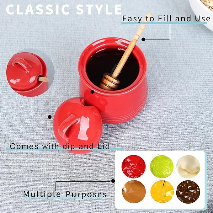 HAOTOP Ceramic Honey pot with Lid and Honey Dipper,Porcelain Honey Jar Easy to Clean and Dishwasher Safe,12oz (Red)