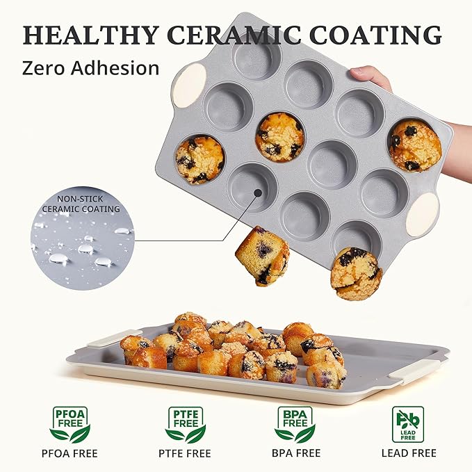 Ceramic Muffin Pan,12-Cup Nonstick Aluminized Steel Cupcake Pans, Healthy Non-Toxic Ceramic Coating Muffin Tin, 1 Pack Cup Cake Pans for Baking Cream