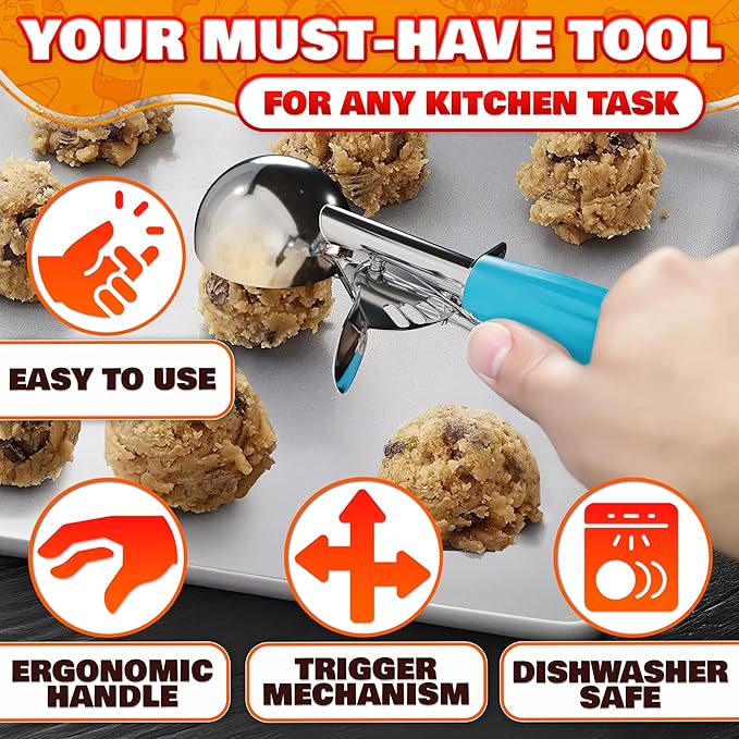 Cookie Scoop Set - Ice Cream Scoop with Trigger - Cookie Scoops for Baking Set of 3, #16 (2.7 oz), #20 (2 oz), #30 (1.25 oz), Stainless Steel Versatile Tool for Baking, Cookies, and Desserts