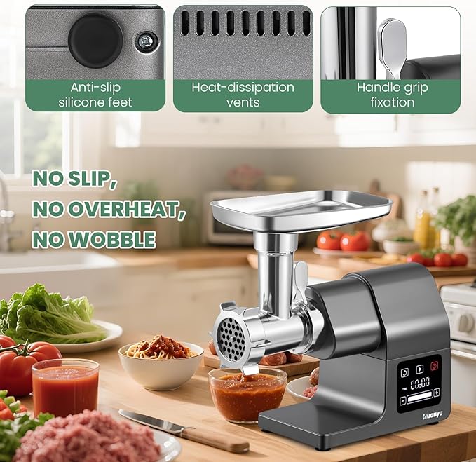 Huanyu Electric Meat Grinder 2000W Max Power Heavy Duty with Touchscreen, 2 Blades, 3 Plates, Sausage Tubes and Kubbe Kit #10 Outlet for Home Use