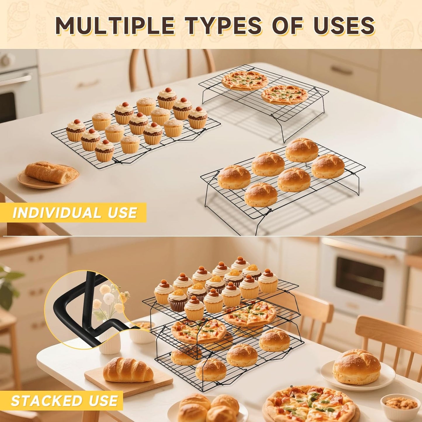 SHOUNAJIA Cooling Rack for Cooking and Baking, 3-Tier Stackable Wire Cooling Rack with Legs for Cooling Cookie, Pizza, Cake, Round Baking Paper 100 Pcs, 16" x 10", M