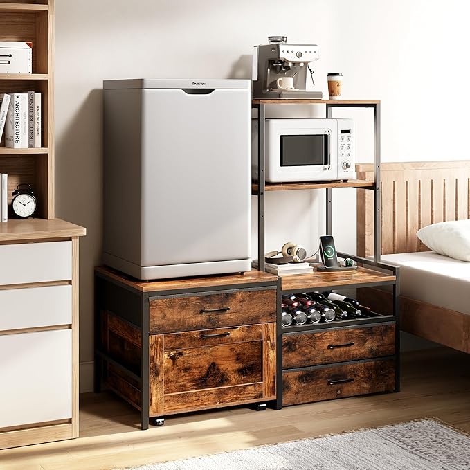 Mini Fridge Stand with Wine Rack, Kitchen Bakers Rack with Power Outlet, Microwave Oven Stand, Coffee Bar, Movable Drawers, for Dorm,Office, Brown HB04BXN