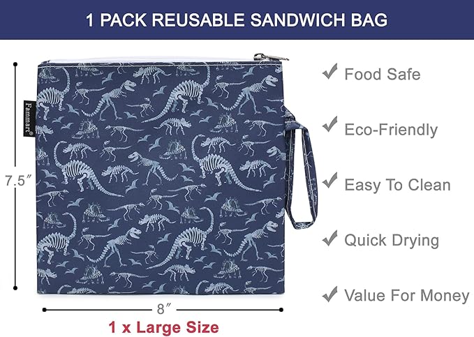 Reusable Sandwich Bag/Snack Bag for Kids & Adults, Dual Layer Lunch Bag with Handle, Washable, Food Safe, BPA Free (1-Pack, Dinosaur Fossil)