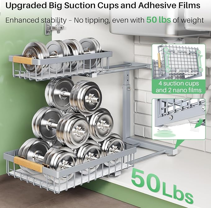 Under Sink Organizer, 2 Packs 2 Tier Under Sink Organizers and Storage, Slide out Pull out Cabinet Organizer Shelf, Metal Sliding Drawer for Kitchen Bathroom Pantry Closet Rack(Grey)