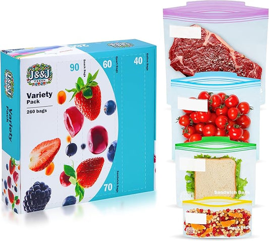 J&&J FRESH Reusable Food Storage Bags – 260 Pack Variety Pack (Snack, Sandwich, Quart, Gallon) – BPA-Free, Leakproof Zipper Bags with Expandable Bottom – Freezer Bags Safe, Kitchen & Pantry Organizer