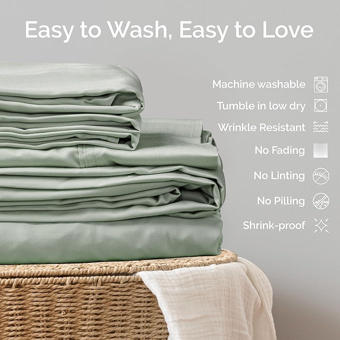 100% Viscose from Bamboo Sheets King Size, Super Soft Bedding Set, 4PC Cooling Sheets for Hot Sleepers, Vegan Silk Moisture Wicking, Organically Grown Bedsheet, Sage - 76" x 80"