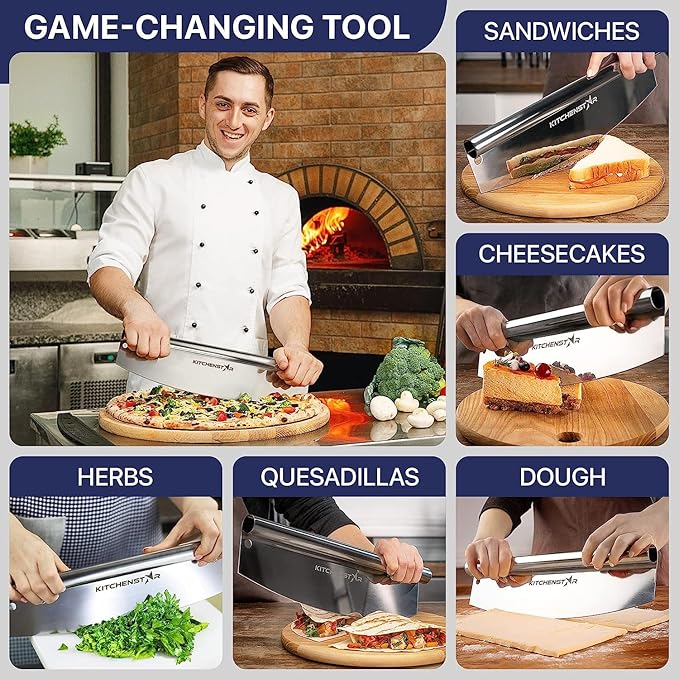 12" Pizza Making Kit (Set of 2) - 12" Pizza Cutter Rocker Knife with Blade Cover + 9.5" Stainless Steel Pizza Peel with Folding Handle- Ultimate Pizza Oven Accessories