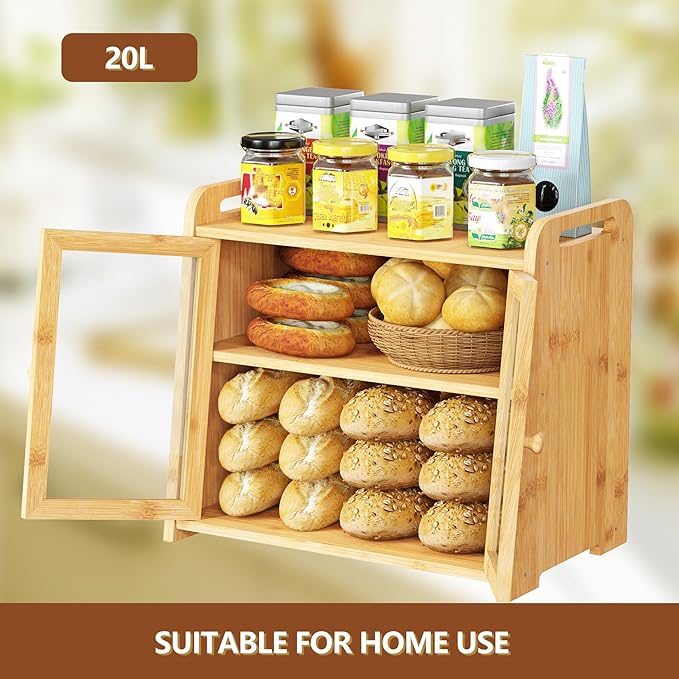 AMBIRD Bamboo Bread Box 20L Large Capacity with Clear Acrylic Doors - Double Layer Food-Safe Bread Storage with Air Vents and Side Handles - Keep Bread Fresh and Counter Clutter-Free