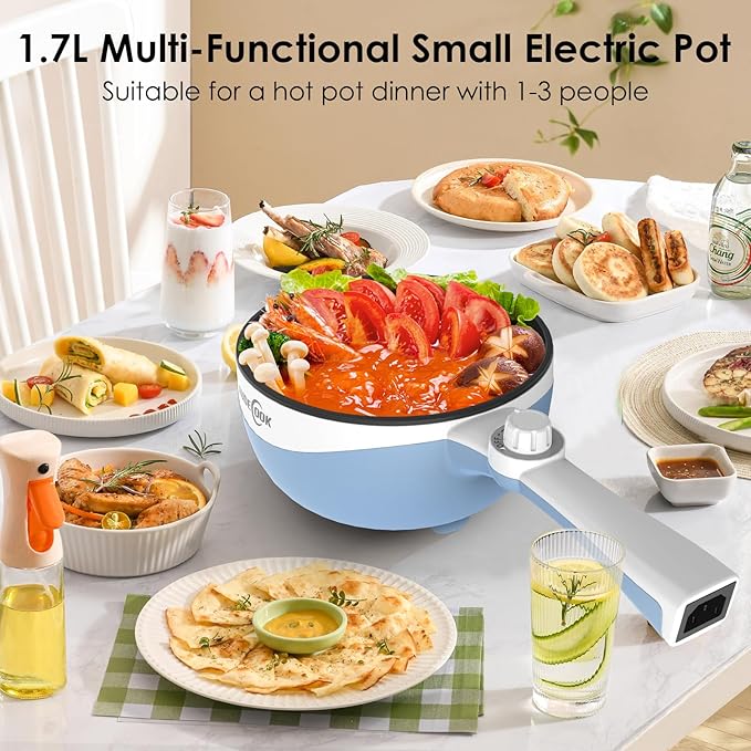Audecook Hot Pot Electric, 1.7L Mini Electric Skillet Portable Nonstick Sauté Pan with Power Adjustment, Rapid Noodles Cooker Travel Multicooker for Steak/Soup/Egg/Oatmeal/Noodles