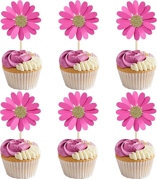 24Pcs Daisy Cupcake Toppers Flower Cake Topper Decorations Daisy Cake Decorations Chrysanthemum Cupcake Toppers Spring Daisy Flower Cake Picks for Birthday Wedding Supplies Rose Red
