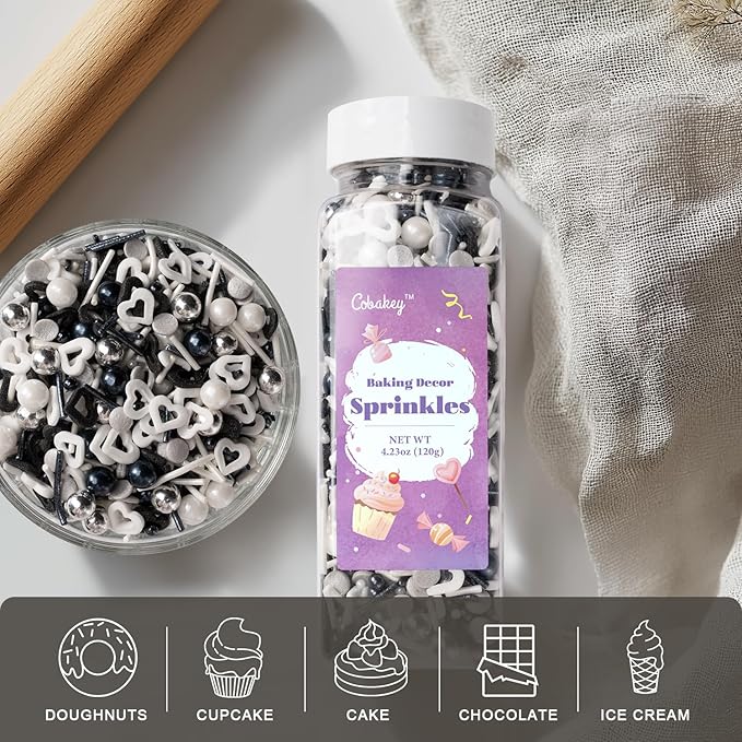Black and White Heart Sprinkles for Cake Decorating 4.23ounce - Sugar Mix Contains Heart & Silver Pearl Sprinkles for Cupcake Toppers, Ice Cream, Candy, Cookie Decorations - Holiday Party Supplies