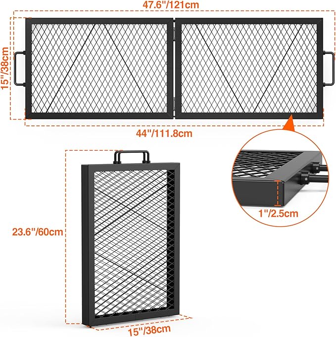 Onlyfire Foldable X-Marks Fire Pit Cooking Grate, Portable Rectangle Campfire Grill Grate with Handles, Heavy Duty Steel Campfire BBQ Grill for Outdoor, 44 inch