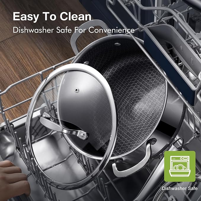 Saute Pan,Stainless Steel Frying Pan, 12 inch 5.5 QT Tri-play Nonstick Non-toxic Deep Frying Pan with Tempered Glass Lid, Stay-Cool Handles Induction, Oven, Dishwasher