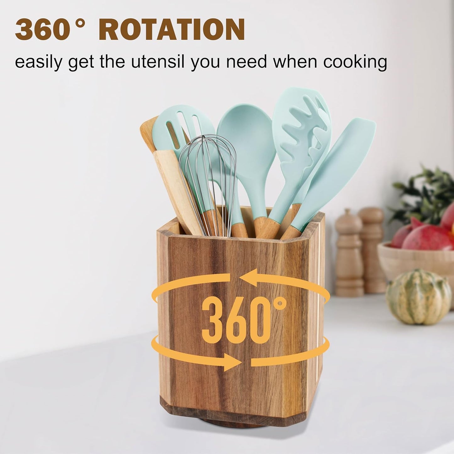 RedCall 2 Pack Acacia Wood Utensil Holder, 360° Rotating Large Cooking Utensil Organizer, Kitchen Tool Storage for Countertop,Spoon Spatula Holder for Kitchen Counter,Farmhouse Decor