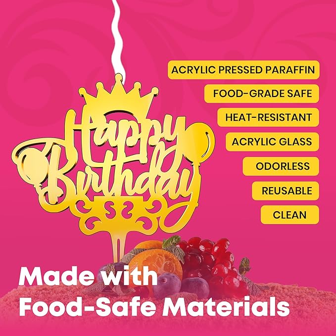 Happy Birthday Reusable Gold Cake Candle - Luxury Cake Topper Candle for Birthdays, Weddings & Anniversaries - Reusable Food Safe Acrylic, Shiny Mirror Finish - Happy Birthday Cake Topper Décor