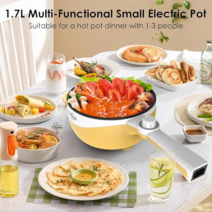 Audecook Hot Pot Electric, 1.7L Mini Electric Skillet Portable Nonstick Sauté Pan with Power Adjustment, Rapid Noodles Cooker Travel Multicooker for Steak/Soup/Egg/Oatmeal/Noodles