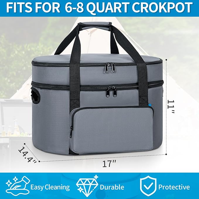 Double Layer Slow Cooker Travel Bag Compatible with 6, 7, 8 Quart Crock-Pot, Insulated Travel Carrier with Easy to Clean Lining, Grey