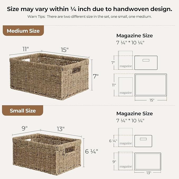 StorageWorks Wicker Storage Baskets, Handwoven Seagrass Basket for Organizing, Decorative Organizers with Built-in Handles, Set of 2