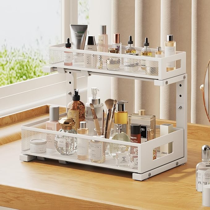 1 Pack 17IN Depth Under Sink Storage Organizer, Large 2-Tier Elegant Mesh Pull Out Shelf for Kitchen and Bathroom Cabinet Organization, L-Shaped and Adjustable Height Design-White