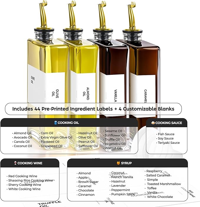 Olive Oil Dispenser Bottle - Includes 44 Kitchen Essential Labels - Cooking Oil Bottles for Kitchen, Coffee Syrup Dispenser - Pourer Spout with 11.8 fl oz Glass Container Cruet - 4pcs, Gold