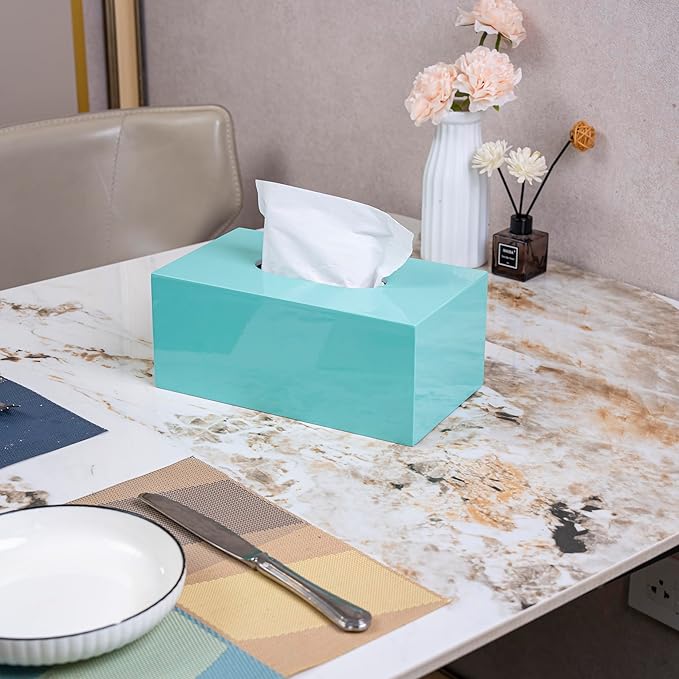 PEMAR Rectangular Lacquer Tissue Box, Handmade Rectangle Tissue Holder Decorative Napkin Dispenser Organizer Rustic Farmhouse Vintage Decor (Aqua)