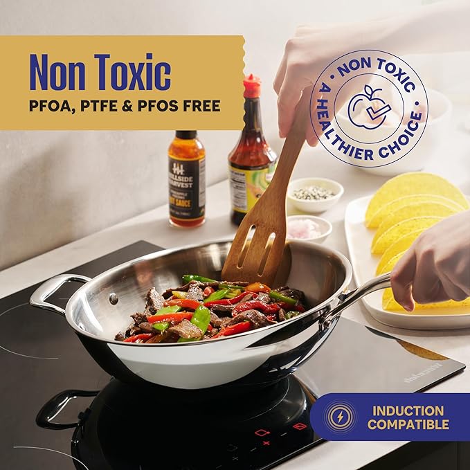 LEGEND COOKWARE Stainless Steel 3 Piece Wok Set | 5 Ply Wok, Induction, Non-Toxic, Oven Safe | Best 18/8 Full Clad | Professional Kitchen Cooking, Heavy Chef Quality | PFOA, PTFE & PFOS Free