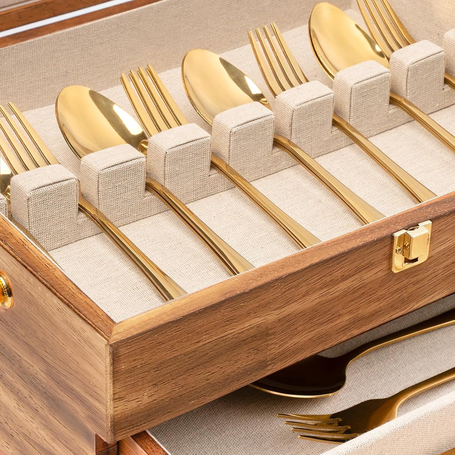 Silverware Storage Box, 3-Layer Flatware Storage Case with Drawer, Wooden Silverware Chest with Handle and Linen Liner, Rustic Silverware Case for Storing Fine Flatware and Utensils (Brown)