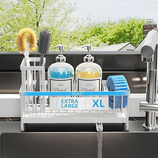 Moforoco Extra Large Kitchen Sink Caddy, Rustproof Sponge Holder for Kitchen Sink with High Brush Holder, Stainless Steel White Kitchen Caddy Sink Countertop Organizer, Sponge Caddy for Kitchen Sink