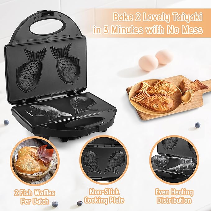 Taiyaki Fish Waffle Maker Machine with Non Stick Cooking Plate, Electric Japanese Fish Shaped Waffle Iron Pan, Korean Bungeoppang Pan, Recipe Included