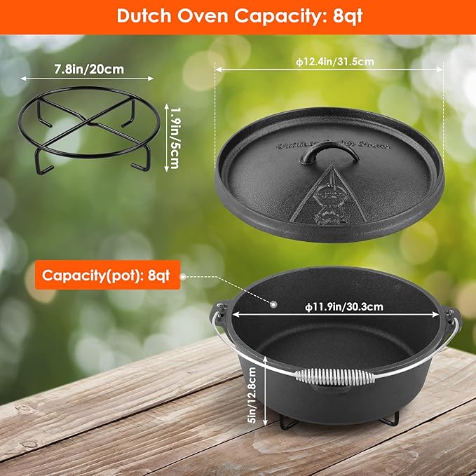 LIFERUN Dutch Oven Pot with Lid, 8 Quart Cast Iron Dutch Oven, without Feet, with Stand & Spiral-shaped Handle, Cast Iron Pot for Outdoor & Indoor