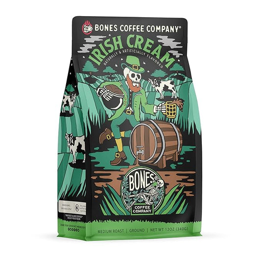 Bones Coffee Company Irish Cream, Creamy Liqueur Flavored Coffee, Medium Roast Low Acid Arabica Beans Compatible with Auto drip and French Press Coffee Maker, 12 Oz Ground