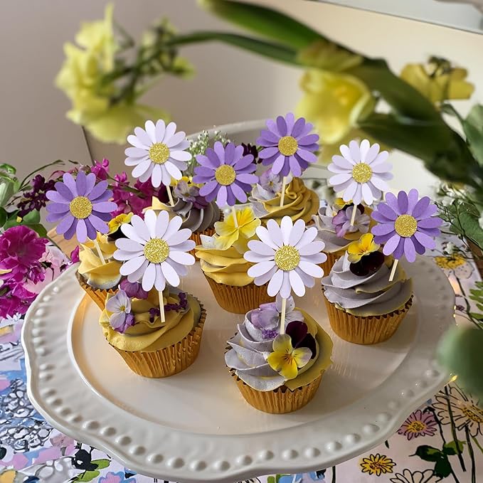 Ephlyn 24Pcs Purple Daisy Cupcake Toppers Flower Cake Toppers Daisy Cake Decorations Chrysanthemum Cupcake Toppers Spring Daisy Flower Cake Picks for Birthday Wedding Supplies